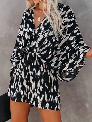 Tied Printed Kimono Sleeve Romper Divacious