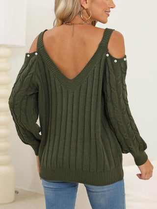 Cable-Knit Cold Shoulder Sweater - Divacious