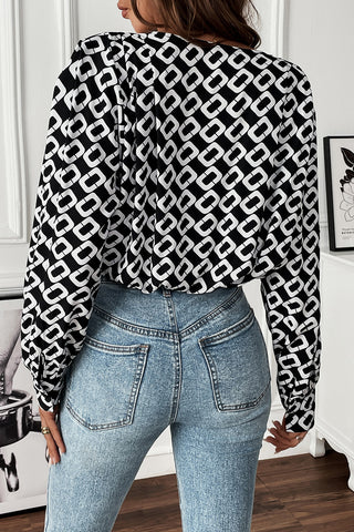 Geometric V-Neck Long Sleeve Blouse Divacious