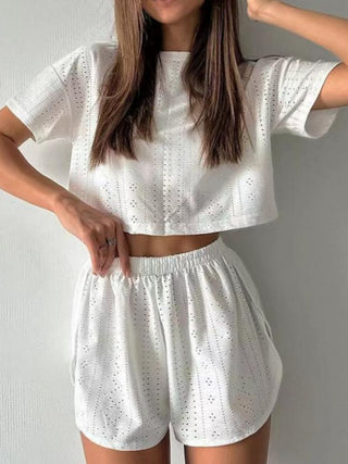 Eyelet Round Neck Top and Shorts Set Trendsi