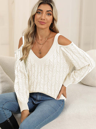 Cable-Knit Cold Shoulder Sweater - Divacious