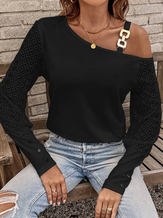 Asymmetrical Neck Lace Long Sleeve T-Shirt Divacious