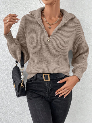 Half Zip Dropped Shoulder Sweater - Divacious