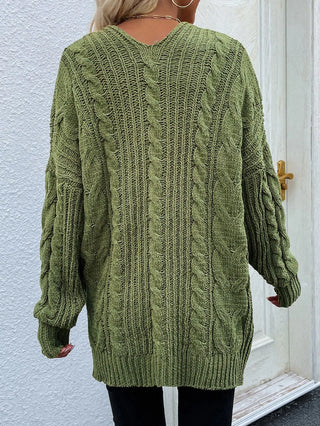 Woven Right Cable-Knit Open Front Cardigan with Front Pockets Divacious