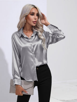 Collared Neck Buttoned Long Sleeve Shirt Divacious