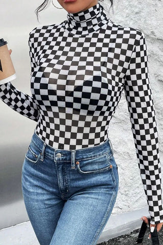 Checkered Turtleneck Long Sleeve Bodysuit Divacious