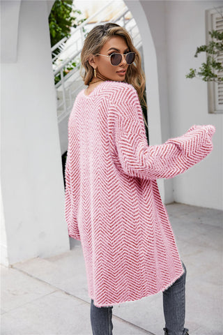 Herringbone Pattern Open Front Longline Fuzzy Cardigan Divacious