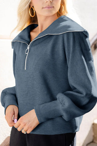 Pocketed Quarter Zip Collared Neck Sweatshirt Divacious