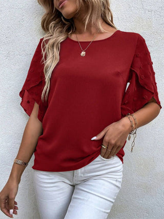 Swiss Dot Round Neck Half Sleeve Blouse Divacious