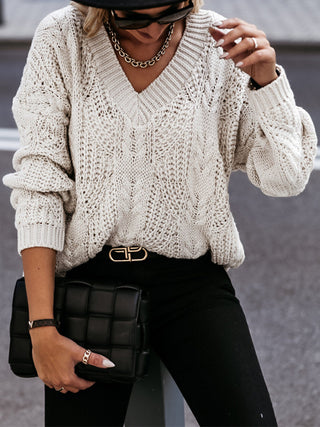 V-Neck Cable-Knit Long Sleeve Sweater Divacious