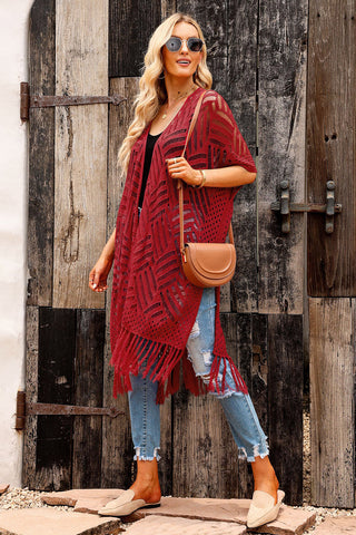 Openwork Open Front Cardigan with Fringes Divacious