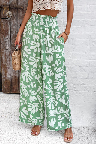 Smocked Printed Wide Leg Pants with Pockets Divacious