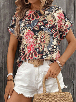 Printed Round Neck Short Sleeve Top Divacious