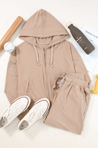 Drawstring Zip Up Hoodie and Pants Active Set Trendsi