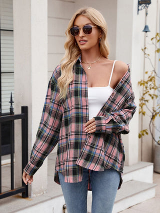 Pocketed Plaid Collared Neck Long Sleeve Shirt Divacious