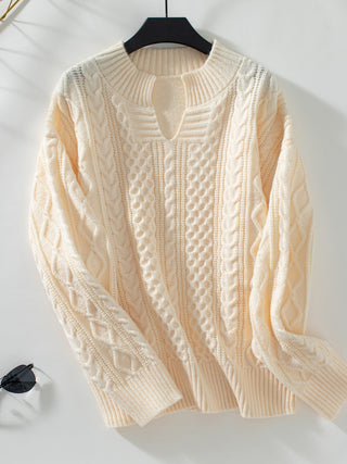 Cable-Knit Notched Long Sleeve Sweater - Divacious