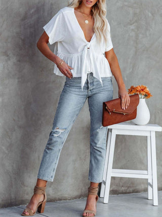 Tied Plunge Short Sleeve Blouse Divacious