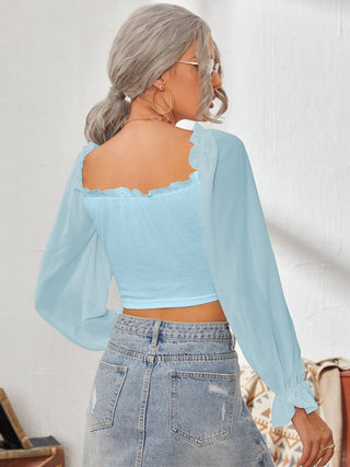 Mesh Sweetheart Neck Flounce Sleeve Top Divacious