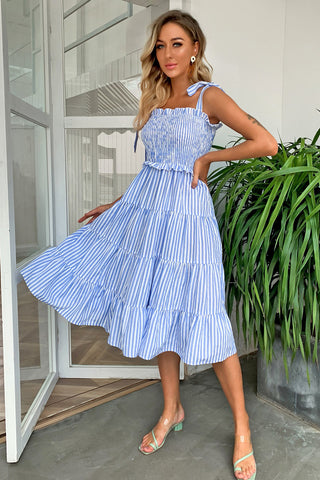 Striped Tie-Shoulder Tiered Dress Trendsi