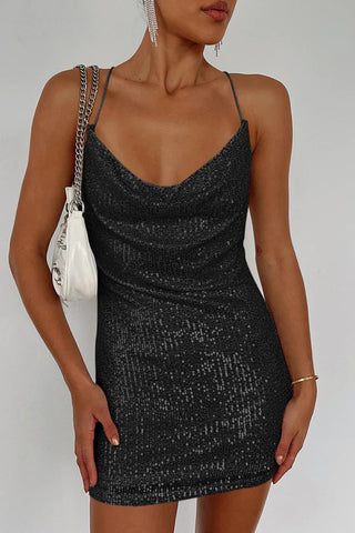 Cowl Neck Contrast Sequin Sleeveless Mini Dress Trendsi