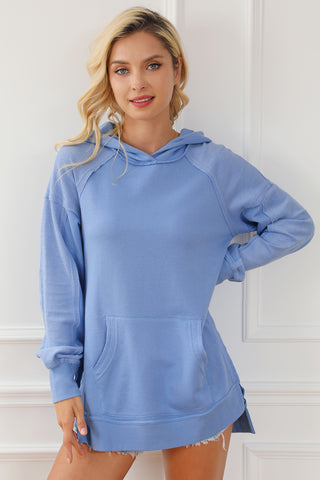 Exposed Seam Long Sleeve Slit Hoodie with Pocket Divacious