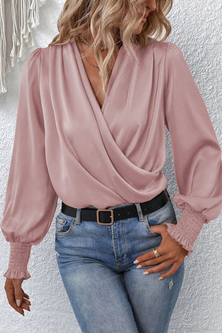 Surplice Neck Lantern Sleeve Blouse Divacious