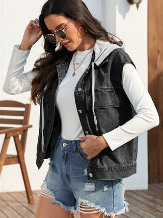 Drawstring Button Up Sleeveless Denim Jacket Trendsi