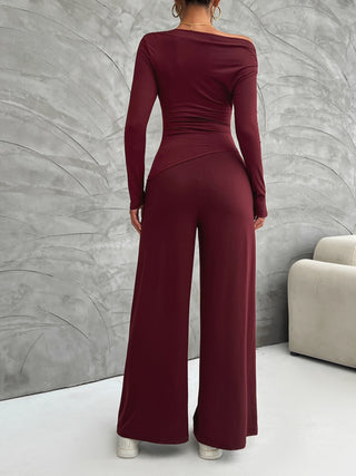 Devine Long Sleeve Top and Wide Leg Pants Set Trendsi