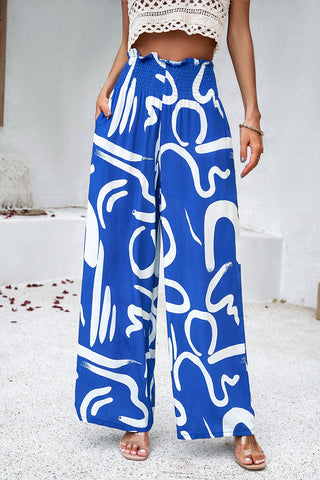 Smocked Printed Wide Leg Pants with Pockets Divacious