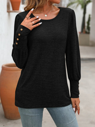 Decorative Button Round Neck Long Sleeve T-Shirt Divacious