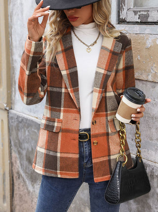 Plaid Button Down Lapel Collar Blazer - Divacious