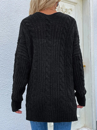 Woven Right Cable-Knit Open Front Cardigan with Front Pockets Divacious