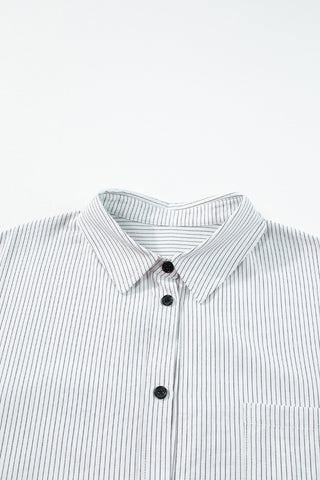 Pocketed Striped Collared Neck Long Sleeve Shirt Divacious