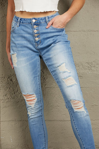 Baeful Button Front Frayed Ankle Skinny Jeans Divacious