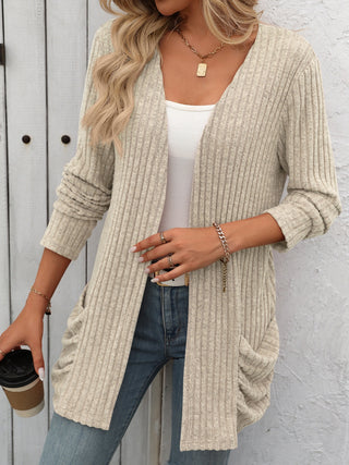 Open Front Long Sleeve Ribbed Cardigan Divacious