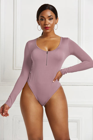 Half Zip Scoop Neck Long Sleeve Bodysuit Divacious