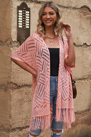 Openwork Open Front Cardigan with Fringes Divacious