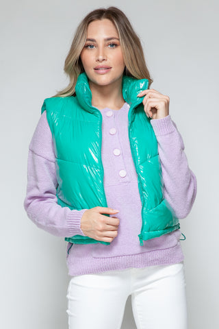 Snobbish Zip Up Turtleneck Shiny Quilted Vest Trendsi