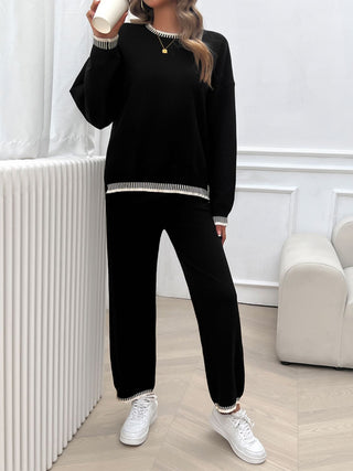 Devine Round Neck Dropped Shoulder Top and Pants Sweater Set Trendsi