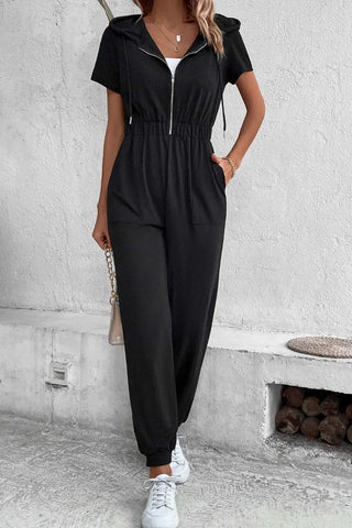 Zip-Up Short Sleeve Hooded Jumpsuit with Pockets Divacious