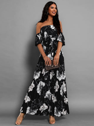 Pleated Floral Off-Shoulder Short Sleeve Midi Dress Trendsi