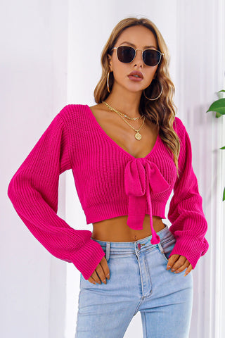 Bow V-Neck Long Sleeve Cropped Sweater Divacious