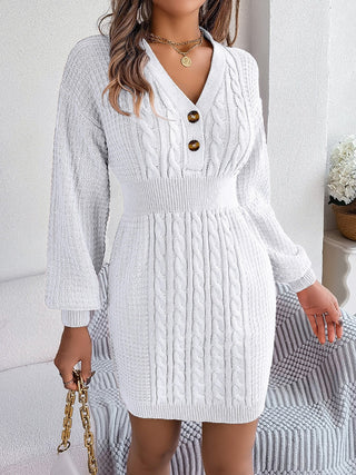 Buttoned Cable-Knit V-Neck Sweater Dress Divacious