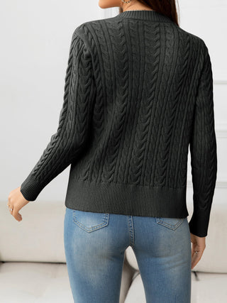 V-Neck Long Sleeve Cable-Knit Buttoned Knit Top Divacious