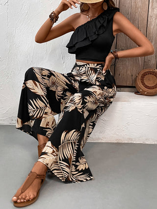 Honey Ruffled Sleeveless Top and Printed Pants Set Trendsi