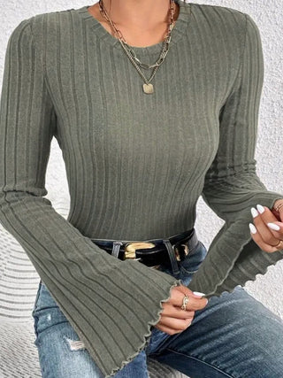 Ribbed Round Neck Flare Sleeve T-Shirt - Divacious