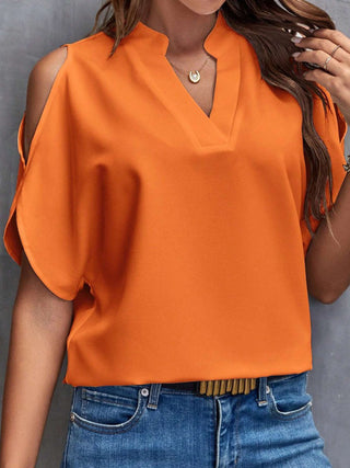 Notched Cold Shoulder Half Sleeve Blouse Divacious