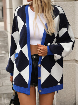 Checkered Dropped Shoulder Long Sleeve Cardigan Divacious