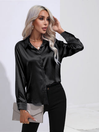 Collared Neck Buttoned Long Sleeve Shirt Divacious