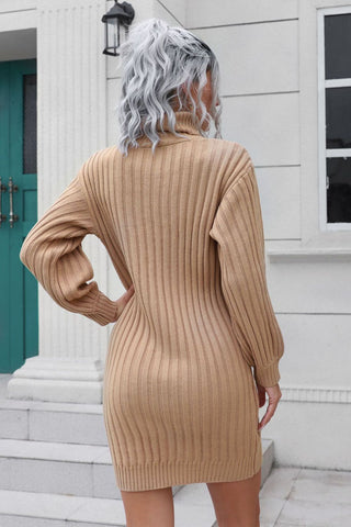 Ribbed Turtle Neck Long Sleeve Mini Sweater Dress Divacious